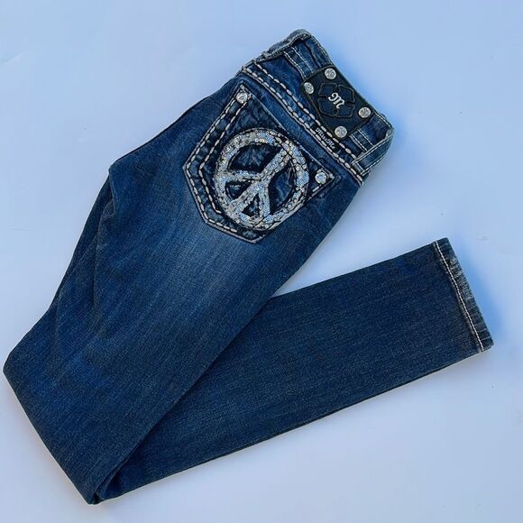 Miss Me Blue Skinny Jeans with Embroidered Peace Design - Picture 1 of 15